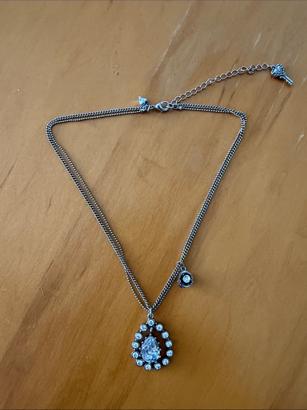 Betsey Johnson Silver Tone Teardrop Crystal Halo Pendant Double-Strand Necklace
